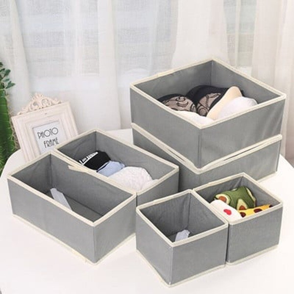 Organizator pentru Sertar, 3 Marimi, pentru Lenjerie, Tricouri, Sosete, 6 Piese, Pliabil, Stivuibil, din Tesatura, Gri/Alb [1]