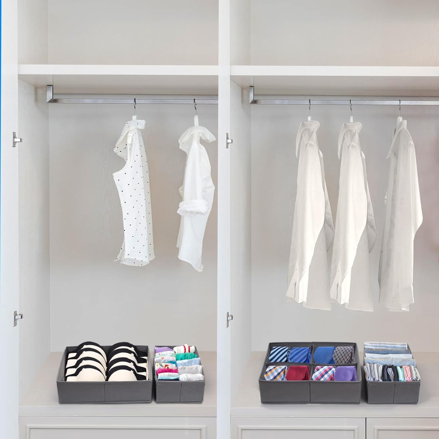 Organizator pentru Sertar, 3 Marimi, pentru Lenjerie, Tricouri, Sosete, 6 Piese, Pliabil, Stivuibil, din Tesatura, Gri [2]