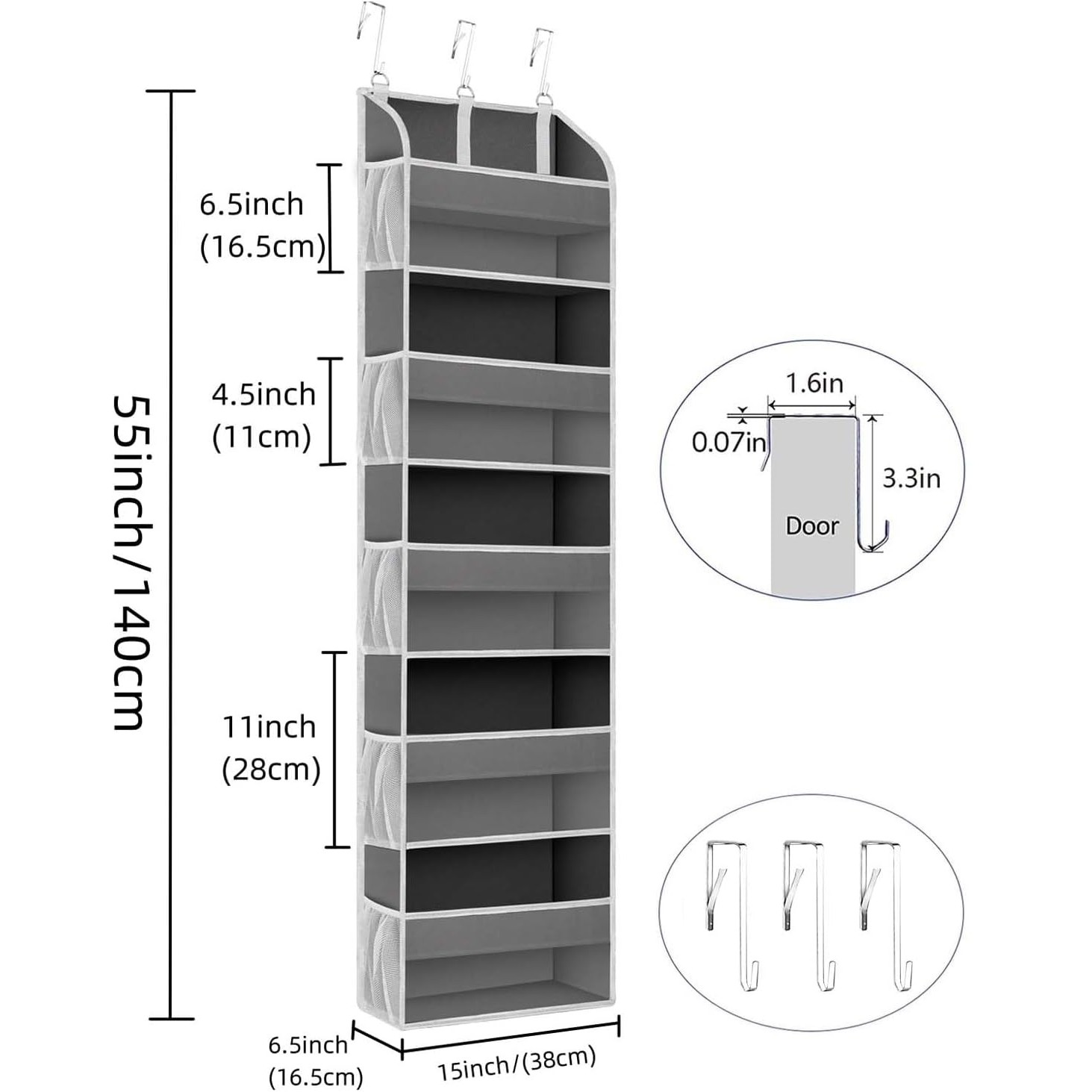 Organizator Suspendat pentru Usi, din Nailon si Plasa, Baza de Carton Ingrosat, 5 Buzunare Principale + 10 Buzunare Laterale, 140 x 39 x 17 cm, 3 Carlige Incluse, Gri [2]