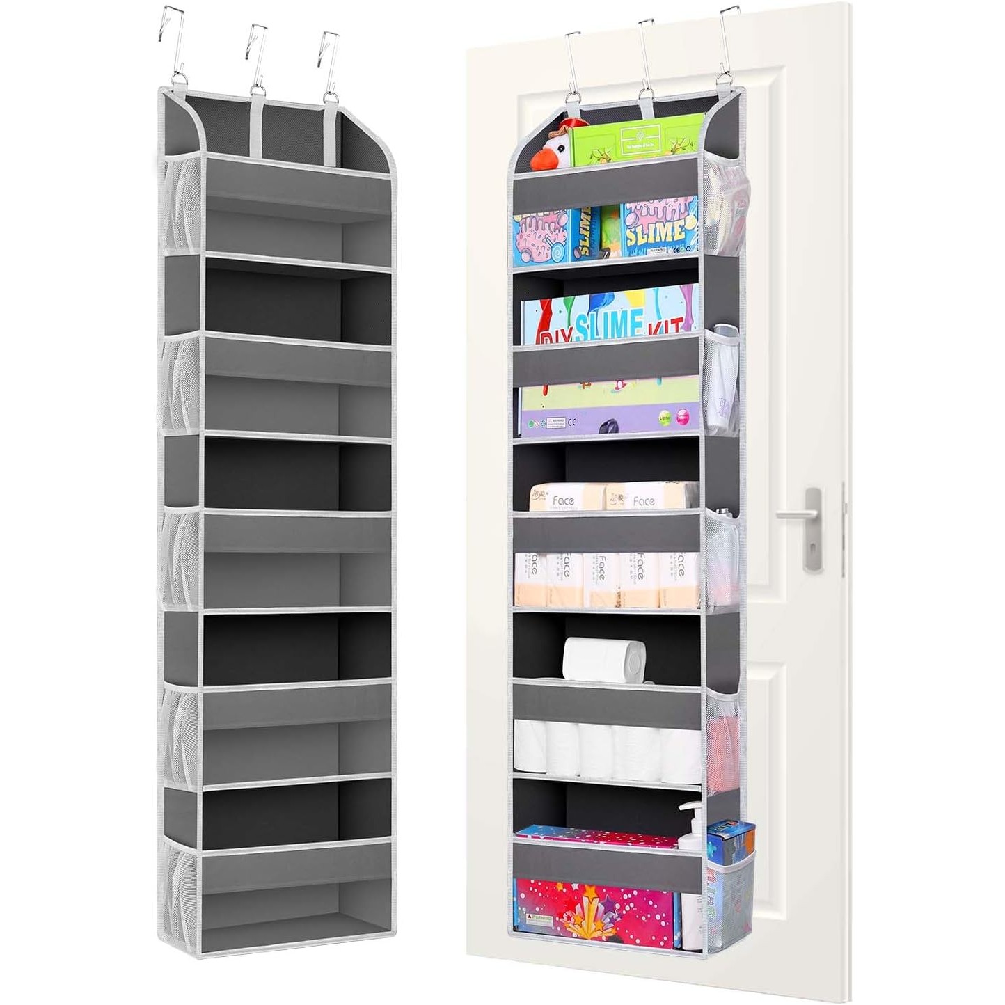 Organizator Suspendat pentru Usi, din Nailon si Plasa, Baza de Carton Ingrosat, 5 Buzunare Principale + 10 Buzunare Laterale, 140 x 39 x 17 cm, 3 Carlige Incluse, Gri [3]