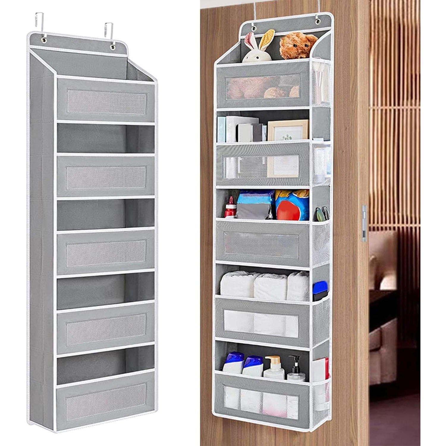 Organizator Suspendat pentru Usi, din Nailon si Plasa, Baza de Carton Ingrosat, 5 Buzunare Principale + 5 Buzunare Laterale, 146 x 40 x 17 cm, 2 Carlige Incluse, Gri [2]