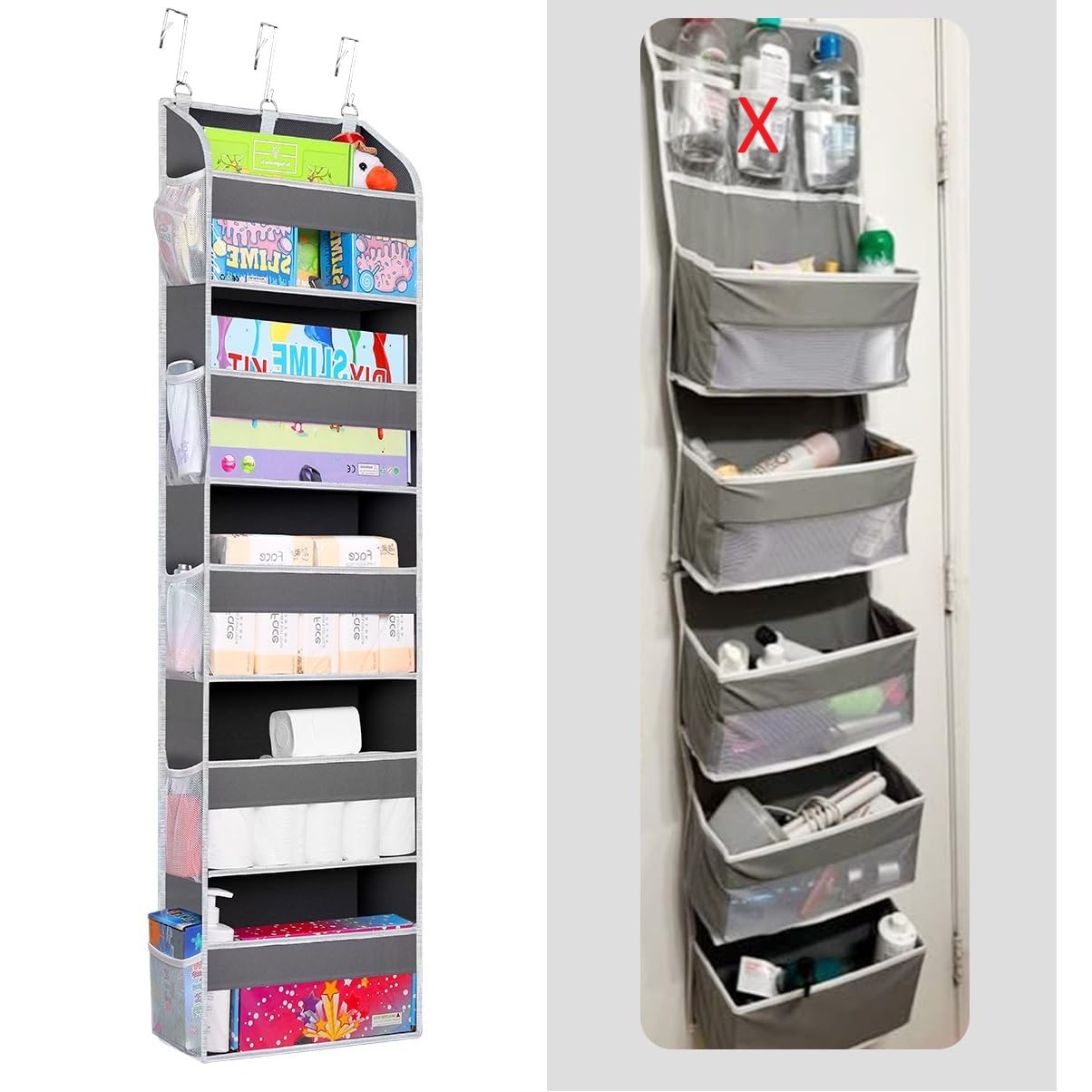 Organizator Suspendat pentru Usi, din Nailon si Plasa, Baza de Carton Ingrosat, 5 Buzunare Principale + 10 Buzunare Laterale, 140 x 39 x 17 cm, 3 Carlige Incluse, Gri [1]