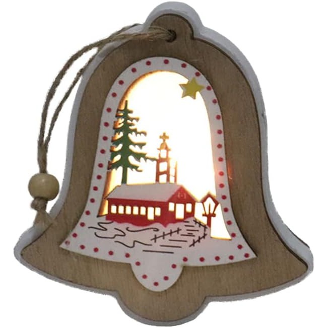 Ornamente Brad - Ornament de Brad, cu Lumini LED, din Lemn, Model Clopot, Multicolor