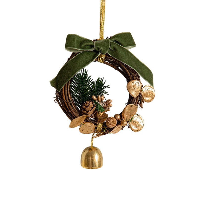 Ornament de Brad, tip Coronita de Craciun cu 1 Clopotel cu Flori Aurii si Conuri de Brad, Panglica Verde de Velvet, 14 x 10 cm, Verde [2]