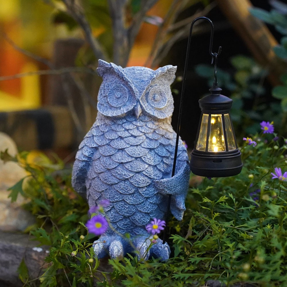 Ornament de Decor pentru Gradina cu LED, Model Bufnita cu Felinar, Decoratiune Exterioara pentru Casa si Gradina, din Rasina, 21.5x15 cm, Gri [2]