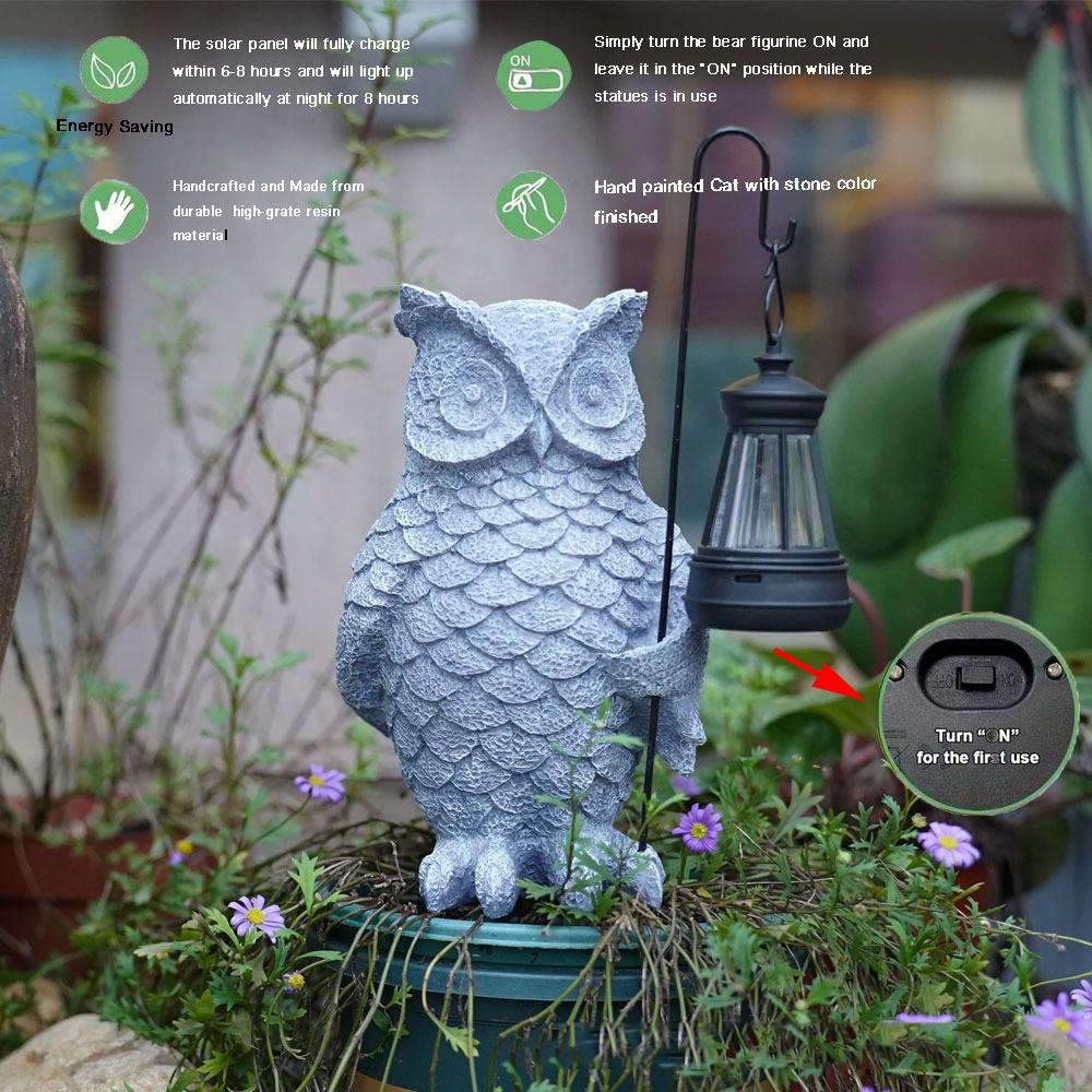 Ornament de Decor pentru Gradina cu LED, Model Bufnita cu Felinar, Decoratiune Exterioara pentru Casa si Gradina, din Rasina, 21.5x15 cm, Gri [1]