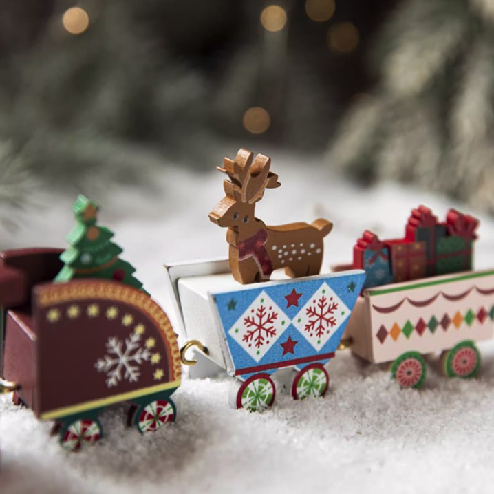 Ornament Decoratiune de Craciun Tren Pictat, Tip Ornament Jucarie de Decor pentru Craciun, din Lemn 20 cm, Tren Figurina de Craciun, Multicolor [3]