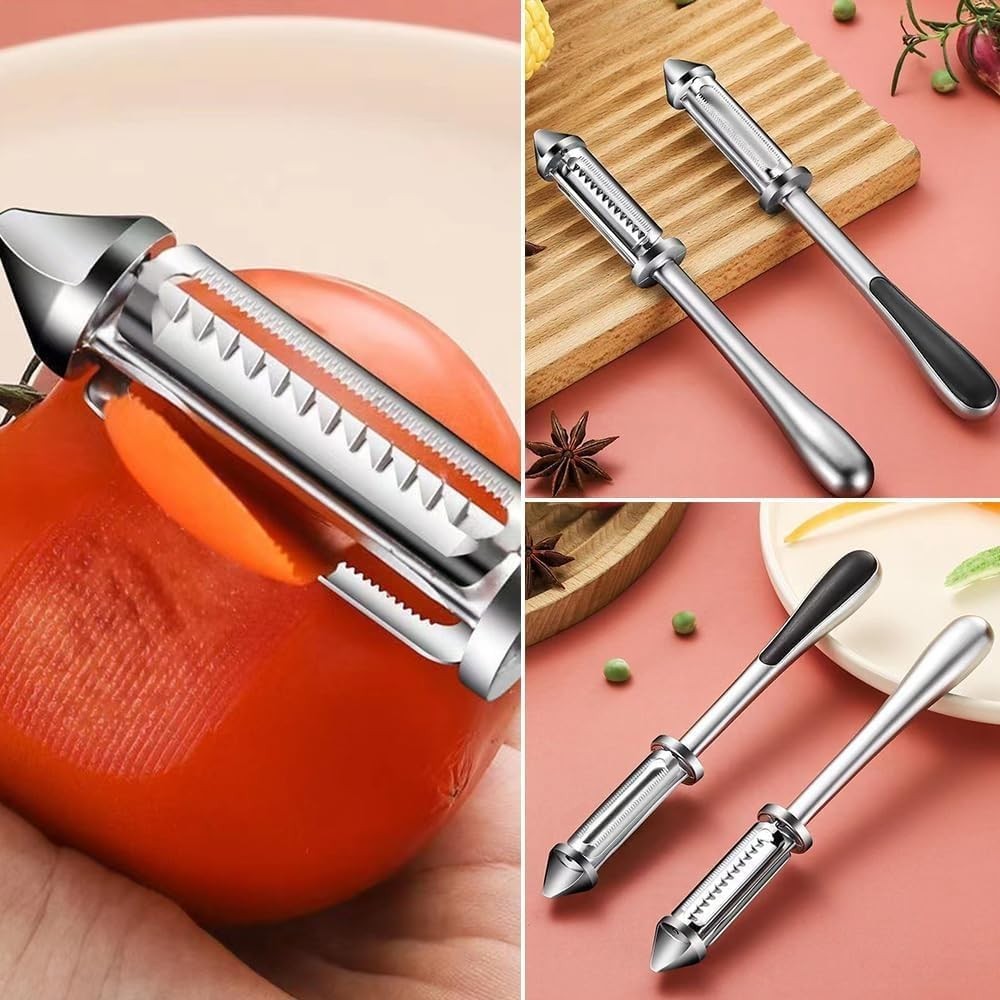 Peeler 2in1 pentru Legume si Fructe, Multifunctional, cu 2 Lame de Curatati si Feliat, Varf Ascutit pentru Gaurit, 18 cm, din Otel Inoxidabil, Argintiu/Negru [3]