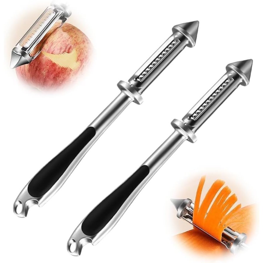 Peeler 2in1 pentru Legume si Fructe, Multifunctional, cu 2 Lame de Curatati si Feliat, Varf Ascutit pentru Gaurit, 18 cm, din Otel Inoxidabil, Argintiu/Negru [4]
