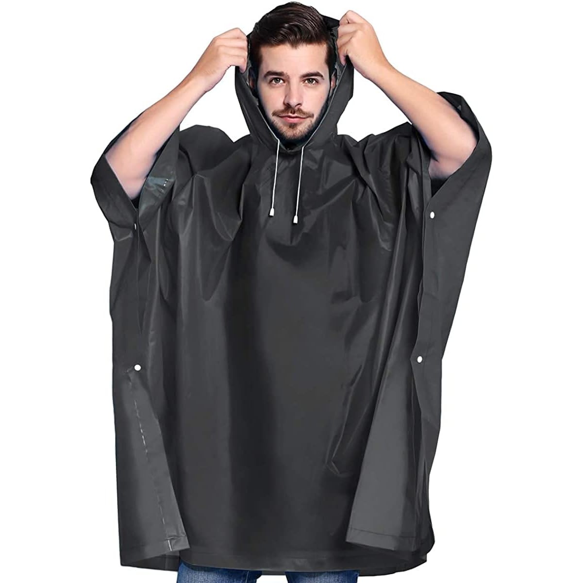 Pelerina de Ploaie, pentru Adulti, EVA, Tip Poncho, Impermeabila, Rezistenta la Vant, Capse Laterale, 160 g, Negru [2]