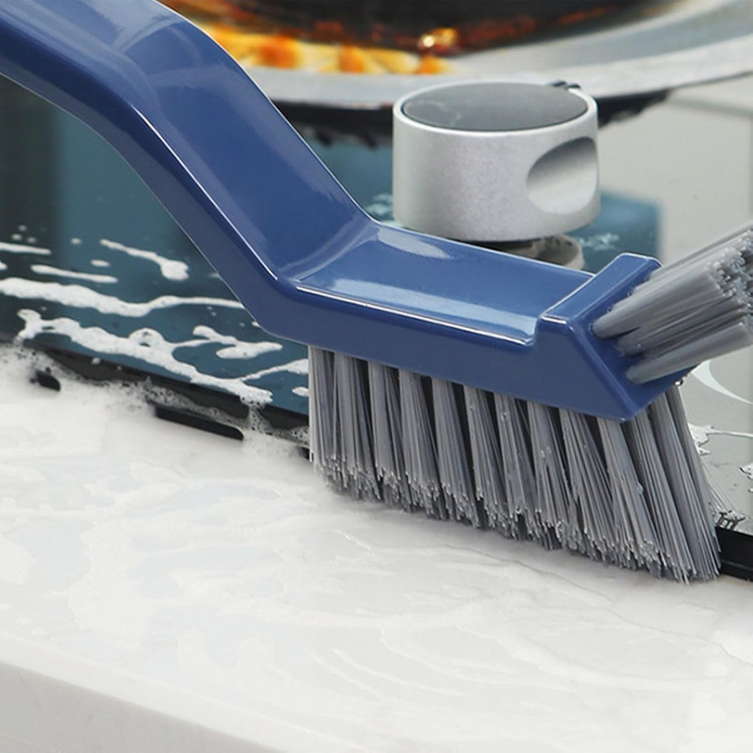 Perie 3in1 de Curatat Podele si Rosturi, Lungime Maner 28 cm, Peri din PP, Otel si Plastic, Cleste pentru Scame si Par Inclus, Albastru [4]