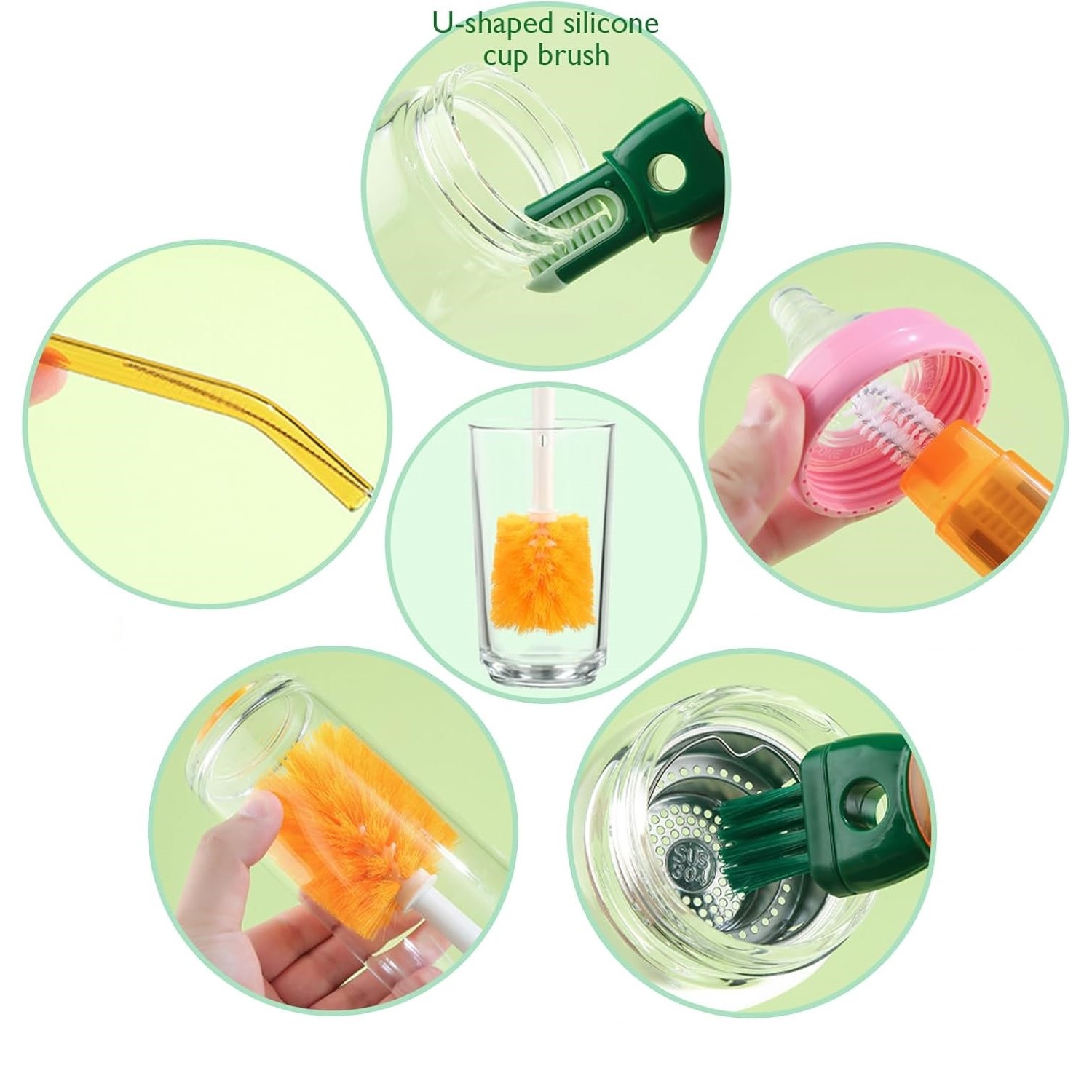 Perie 5 in 1 de Curatat Pahare, Cani, Sticle, cu Maner Lung, Accesorii pentru Spalarea Paielor si Capacelor, Usor de Agatat, 36x7x7cm, Portocaliu-Alb [2]