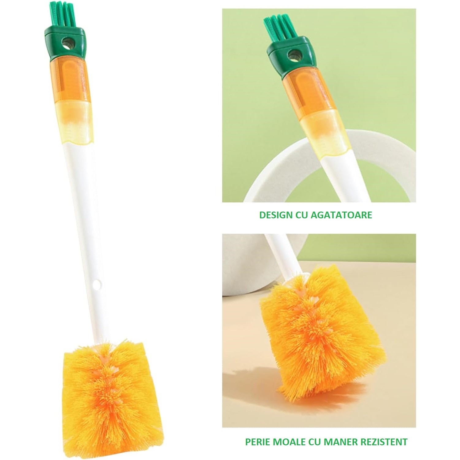 Perie 5 in 1 de Curatat Pahare, Cani, Sticle, cu Maner Lung, Accesorii pentru Spalarea Paielor si Capacelor, Usor de Agatat, 36x7x7cm, Portocaliu-Alb [5]