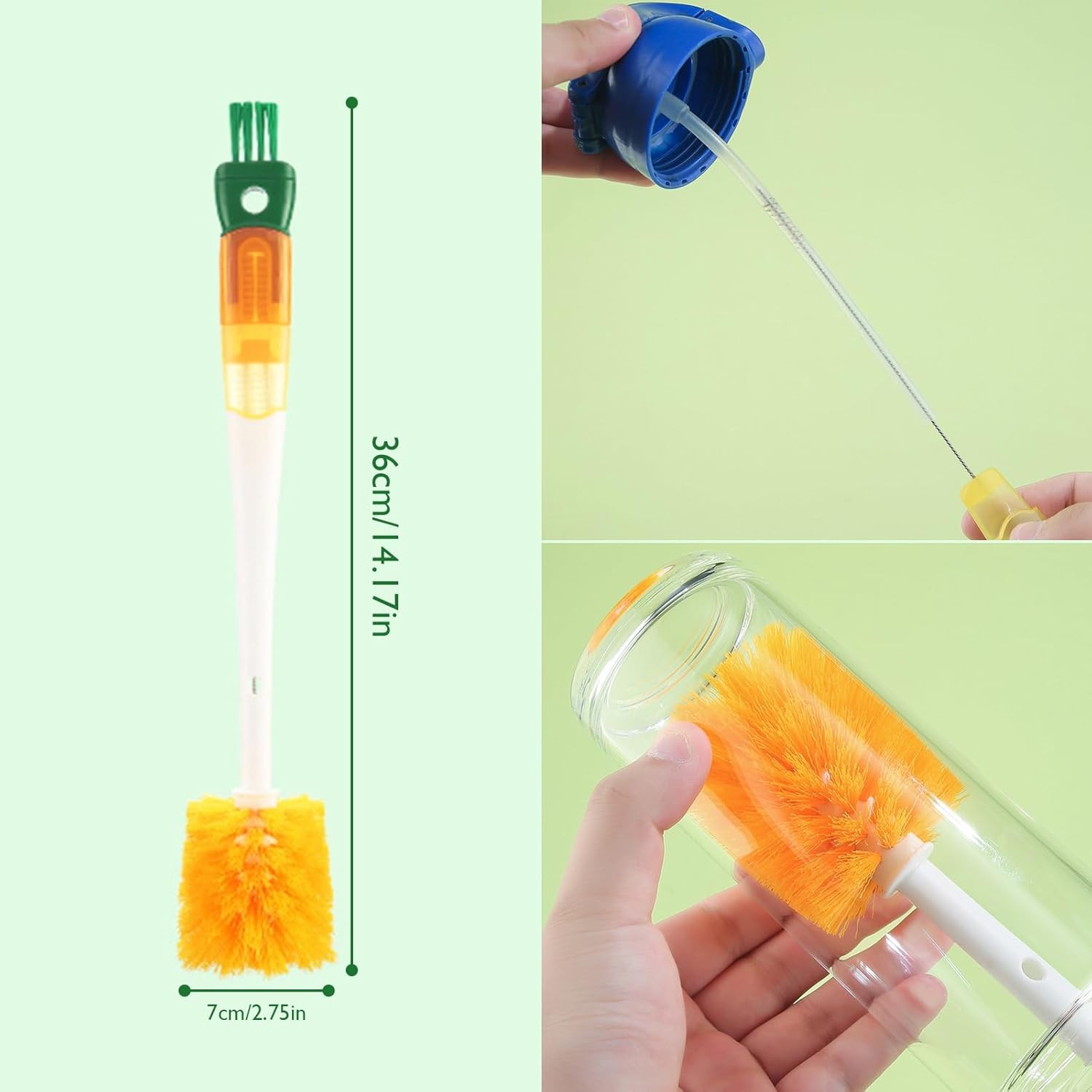 Perie 5 in 1 de Curatat Pahare, Cani, Sticle, cu Maner Lung, Accesorii pentru Spalarea Paielor si Capacelor, Usor de Agatat, 36x7x7cm, Portocaliu-Alb [13]