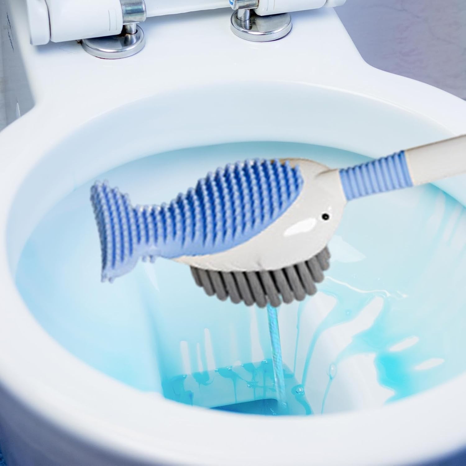 Perie de Toaleta, cu Suport de Perete, Recipient Detergent, 2 Tipuri de Perii, Model Balena, Albastru [2]