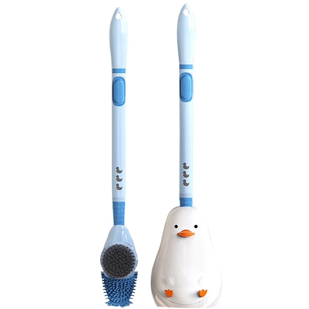 Articole pentru baie - Perie de Toaleta, cu Suport de Perete, Recipient Detergent, 2 Tipuri de Perii, Model Rata, Albastru