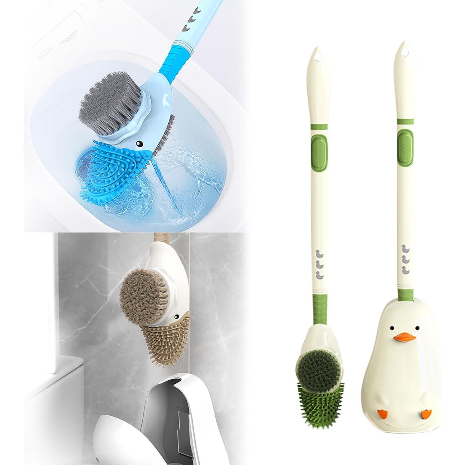 Perie de Toaleta, cu Suport de Perete, Recipient Detergent, 2 Tipuri de Perii, Model Rata, Verde [3]