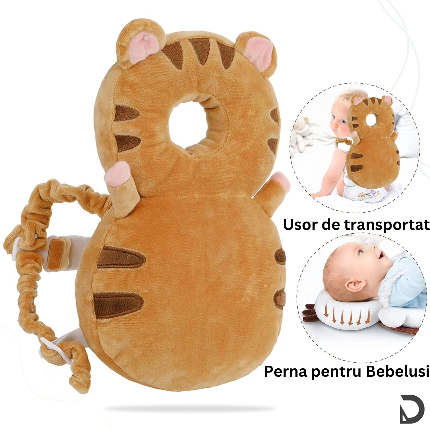 Perna tip Rucsac pentru Protectia Capului, Tetiera tip Tigru, pentru Bebelusi, 33x6x19 cm, 180 g, Maro [3]