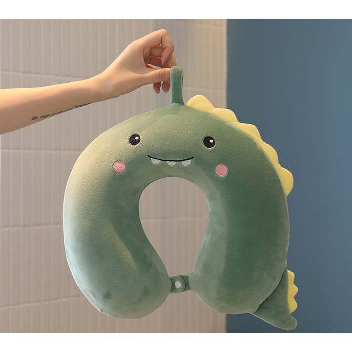 Perna de Calatorie in Forma de U, Pentru Gat si Cap, Umplutura din Spuma cu Memorie, 30x30 cm, Model Dinozaur, Accesoriu de Voiaj, Birou, Masina, Sistem Prindere Capse, Verde [4]