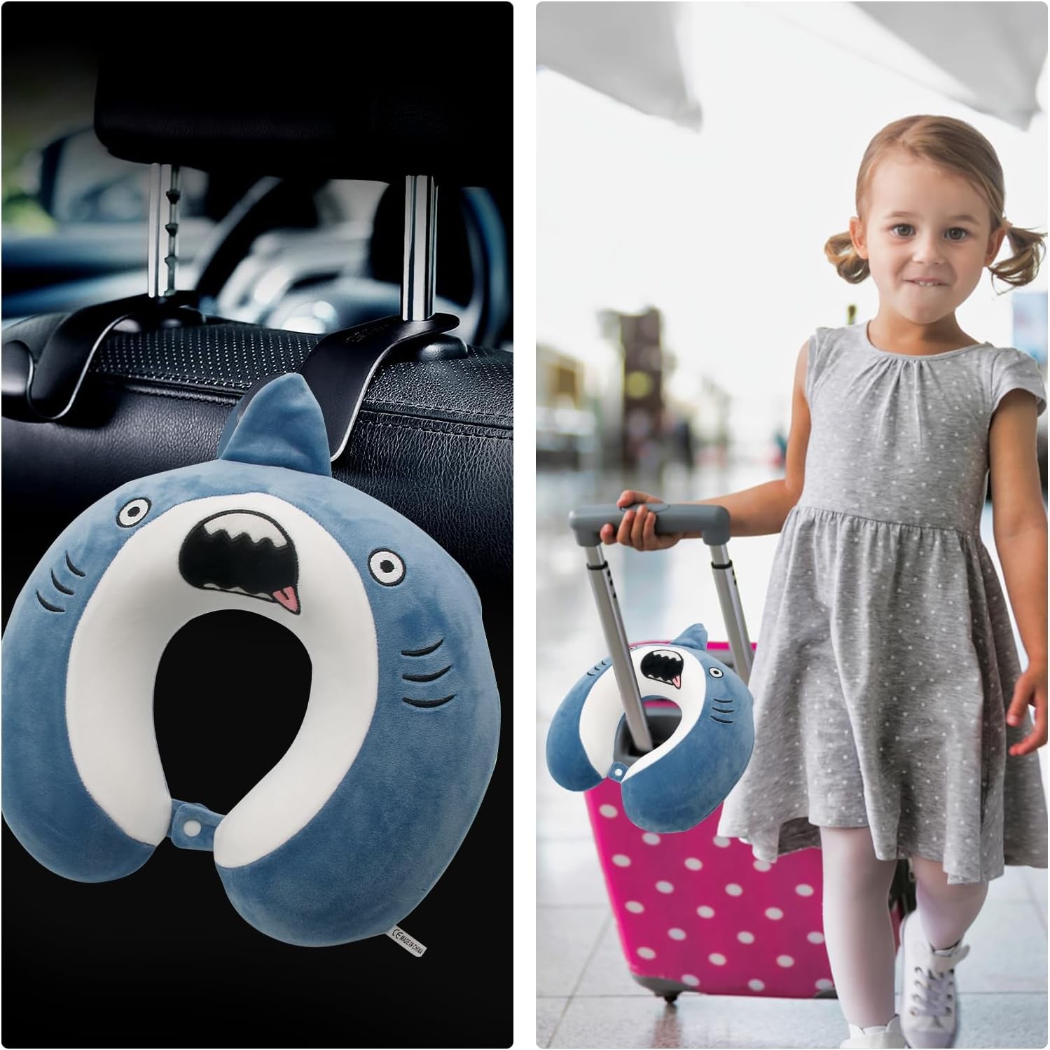 Perna de Calatorie in Forma de U, Pentru Gat si Cap, Umplutura din Spuma cu Memorie, 30x30 cm, Model Rechin, Accesoriu de Voiaj, Birou, Masina, Sistem Prindere Capse, Albastru [3]