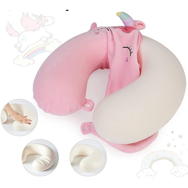 Perna de Calatorie in Forma de U, Pentru Gat si Cap, Umplutura din Spuma cu Memorie, 30x30 cm, Model Unicorn, Accesoriu de Voiaj, Birou, Masina, Sistem Prindere Capse, Roz [4]