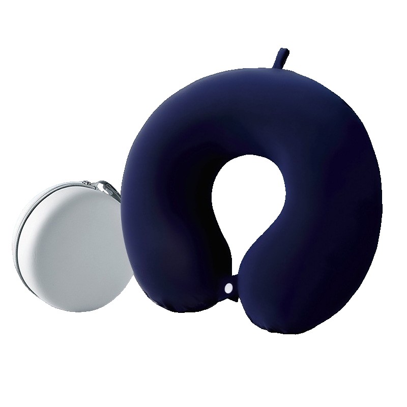 Perne Voiaj, Paturi si Textile - Perna de Calatorie in Forma de U, Pentru Gat si Cap, Umplutura din Spuma cu Memorie, 30x30 cm, Sistem Prindere Capse, Cutie de Depozitare, Albastru Marin