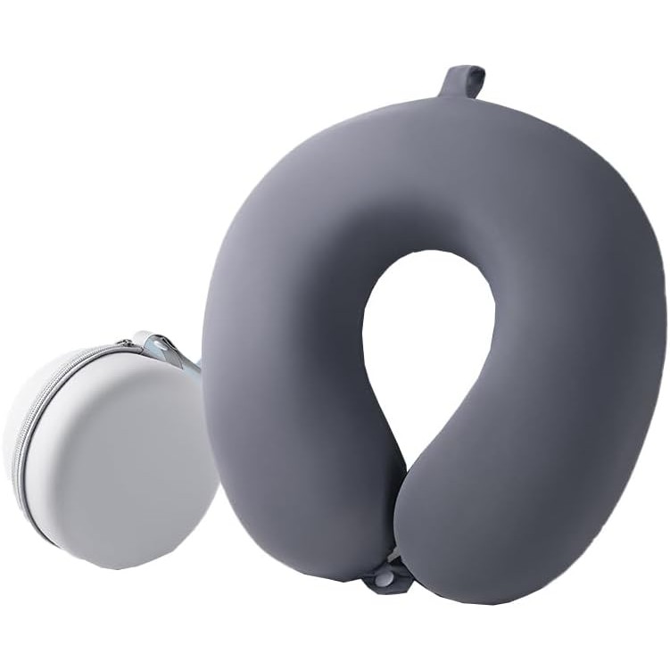 Perne Voiaj, Paturi si Textile - Perna de Calatorie in Forma de U, Pentru Gat si Cap, Umplutura din Spuma cu Memorie, 30x30 cm, Sistem Prindere Capse, Cutie de Depozitare, Gri