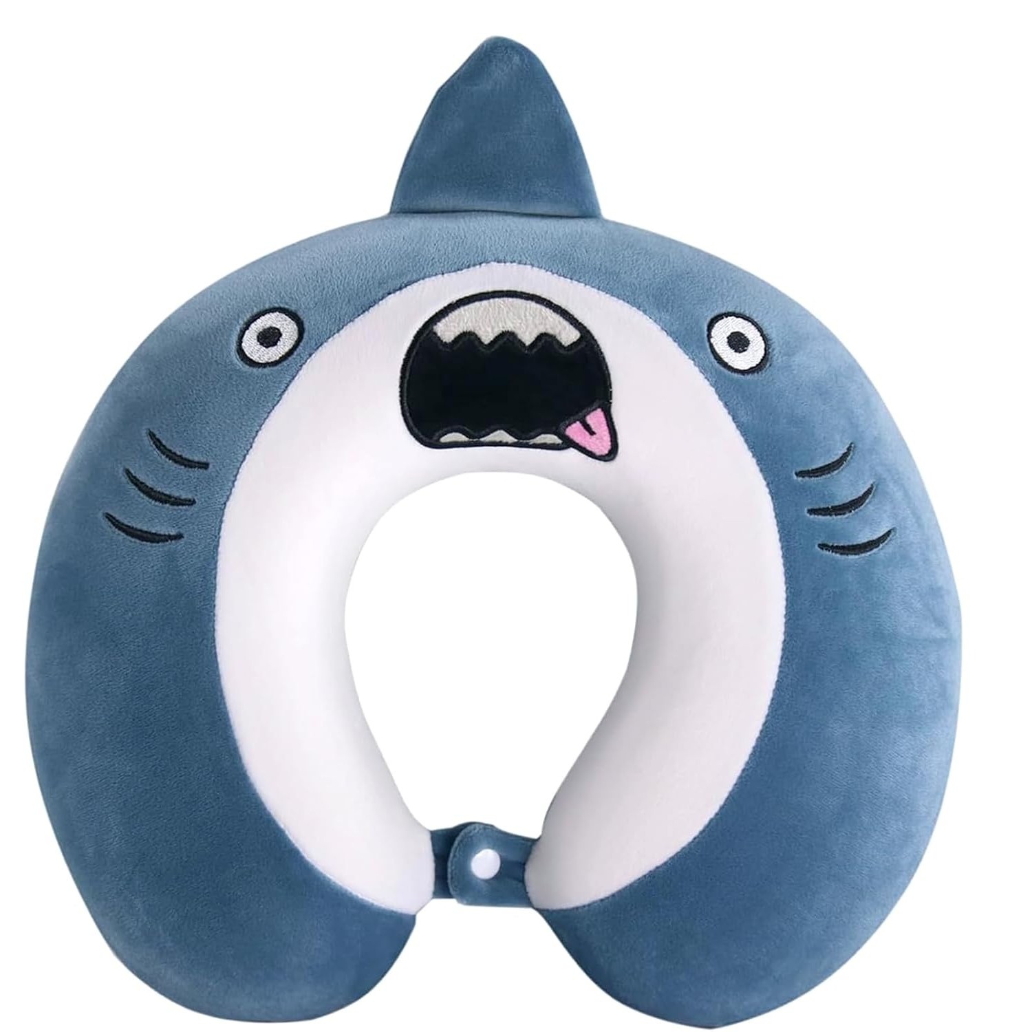 Perne Voiaj, Paturi si Textile - Perna de Calatorie in Forma de U, Pentru Gat si Cap, Umplutura din Spuma cu Memorie, 30x30 cm, Model Rechin, Accesoriu de Voiaj, Birou, Masina, Sistem Prindere Capse, Albastru