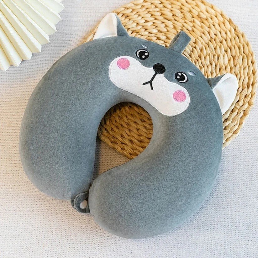 Perna de Calatorie in Forma de U, Pentru Gat si Cap, Umplutura din Spuma cu Memorie, 30x30 cm, Model Husky, Accesoriu de Voiaj, Birou, Masina, Sistem Prindere Capse, Gri [1]