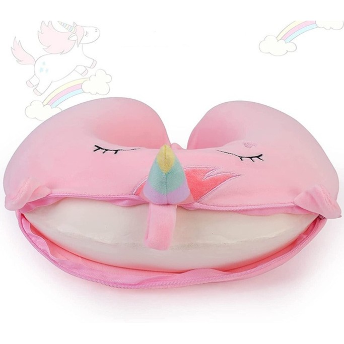 Perna de Calatorie in Forma de U, Pentru Gat si Cap, Umplutura din Spuma cu Memorie, 30x30 cm, Model Unicorn, Accesoriu de Voiaj, Birou, Masina, Sistem Prindere Capse, Roz [2]