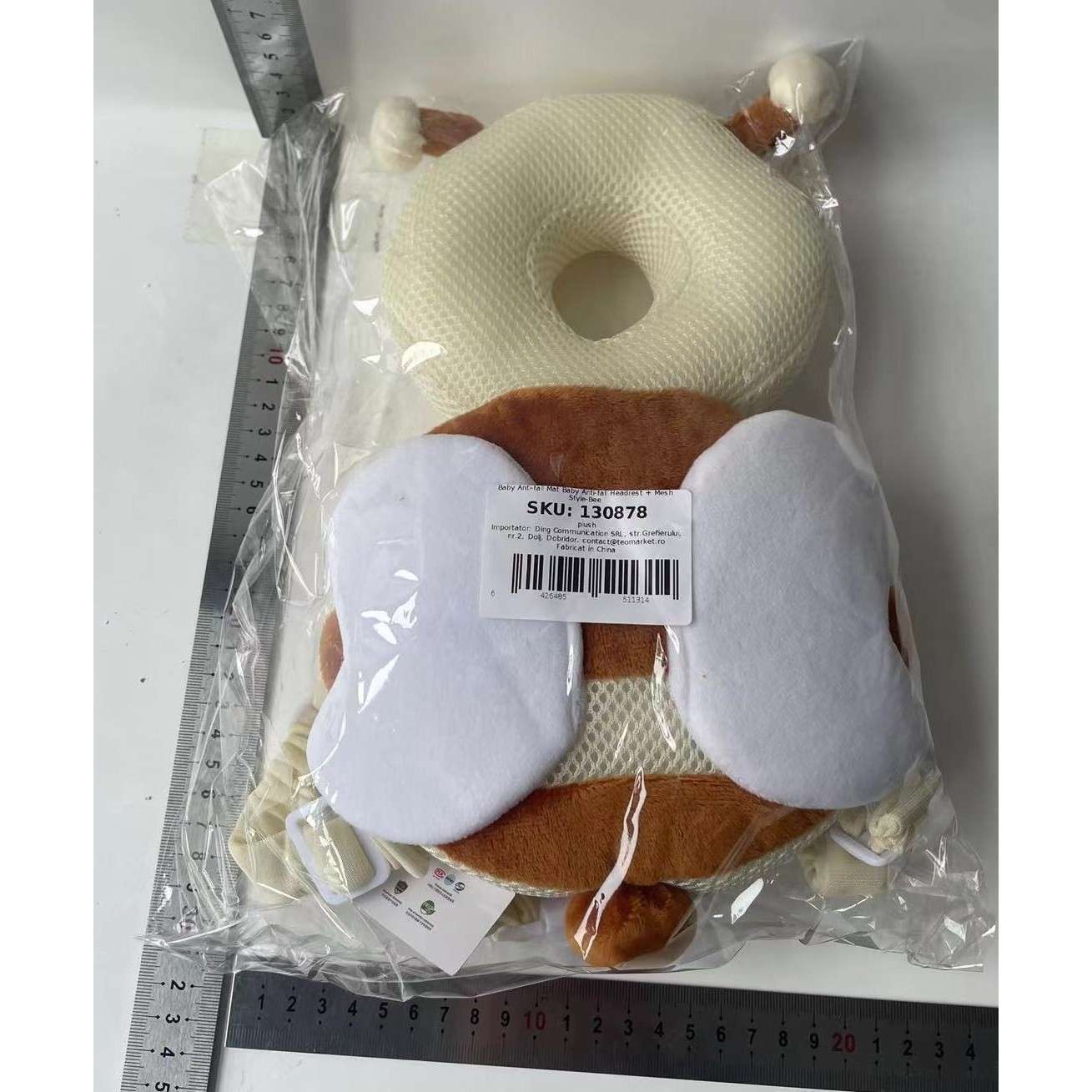 Perna tip Rucsac pentru Protectia Capului, Tetiera tip Albina, pentru Bebelusi, Design tip Plasa, 33x6x19 cm, 180 g, Maro/Bej [8]