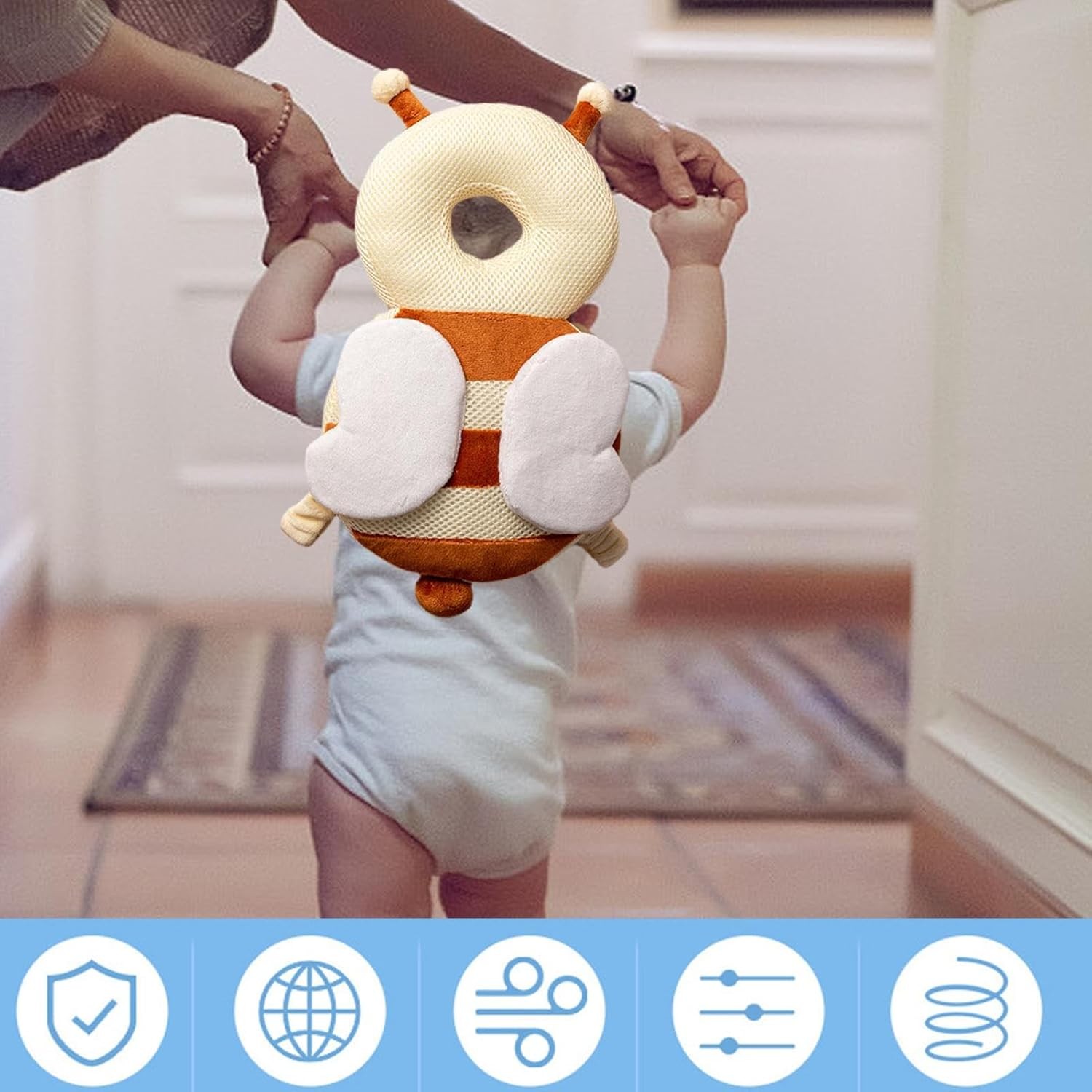 Perna tip Rucsac pentru Protectia Capului, Tetiera tip Albina, pentru Bebelusi, Design tip Plasa, 33x6x19 cm, 180 g, Maro/Bej [4]