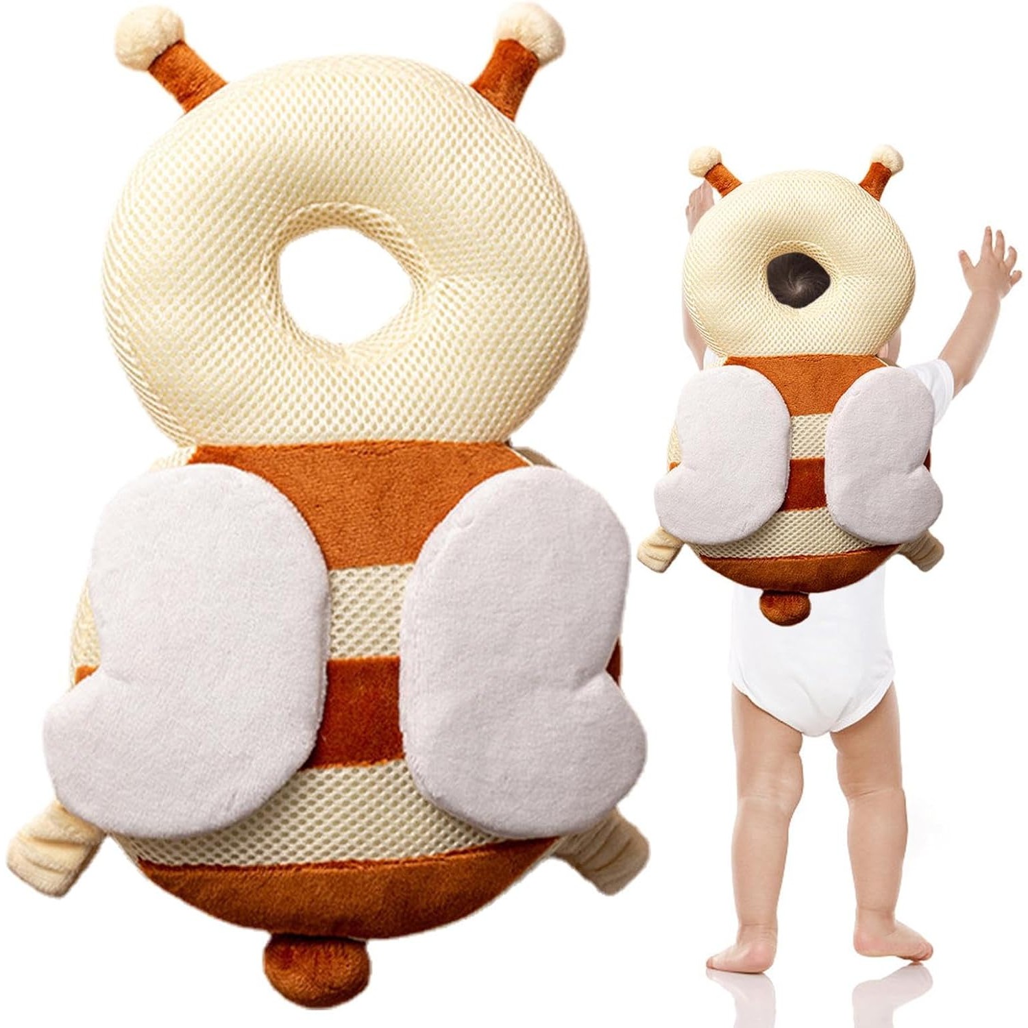 Perna tip Rucsac pentru Protectia Capului, Tetiera tip Albina, pentru Bebelusi, Design tip Plasa, 33x6x19 cm, 180 g, Maro/Bej [3]