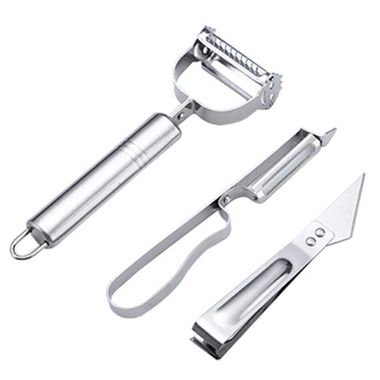 Ustensile pentru Bucătărie - Accesorii de Curatat Decojit Fructe Legume, Set 3 Piese, Feliator Cutit Decojitor, Legume si Fructe, din Otel Inoxidabil, cu Maner, Argintiu