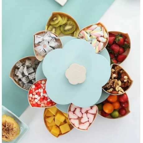 Organizatoare si Depozitare Bucatarie - Tava pentru Servire, pentru Fructe / Legume / Snackuri, cu Sertare, Deschidere Rotativa, pe 2 Straturi, in Forma de Floare, 26 x 26 x 11.5 cm Albastru