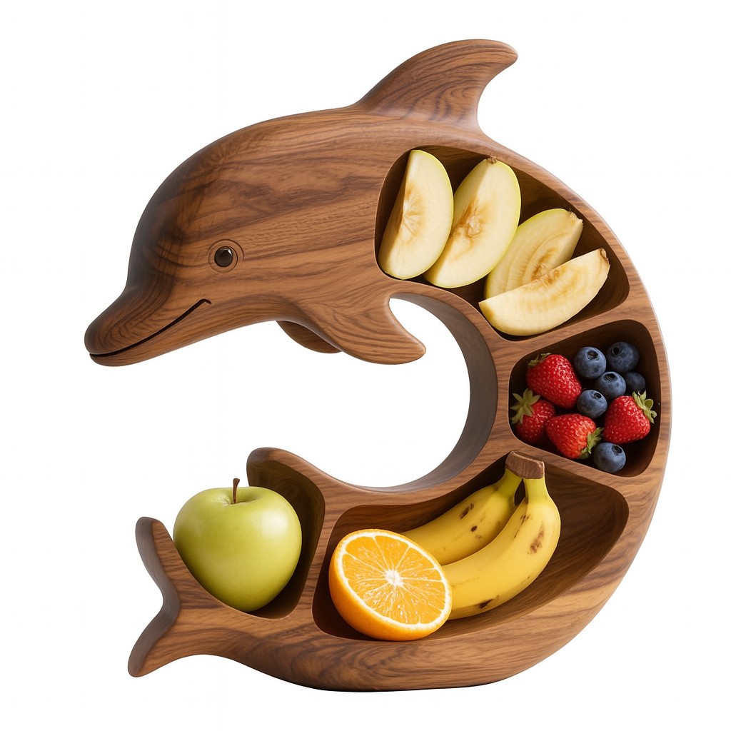 Accesorii Bucătărie - Platou pentru Servire, in Forma de Delfin, 4 Compartimente pentru Mezeluri, Branzeturi, Snacksuri, Fructe, Design Artistic, din Lemn Masiv, 26 x 25 x 4 cm, Maro Natur