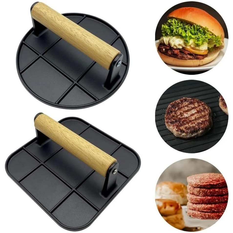 Presa Manuala pentru Carne, din Aliaj de Aluminiu, Maner din Lemn, Presa pentru Burgeri, Usor de Curatat si Folosit, Patrata, 16x16x6 cm, Neagra [2]