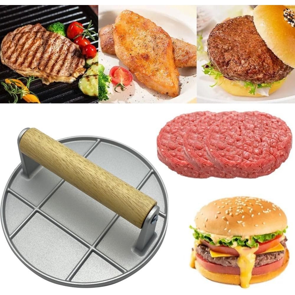 Presa Manuala pentru Carne, din Aliaj de Aluminiu, Maner din Lemn, Presa pentru Burgeri, Usor de Curatat si Folosit, Rotunda, 16x16x6 cm, Gri [3]