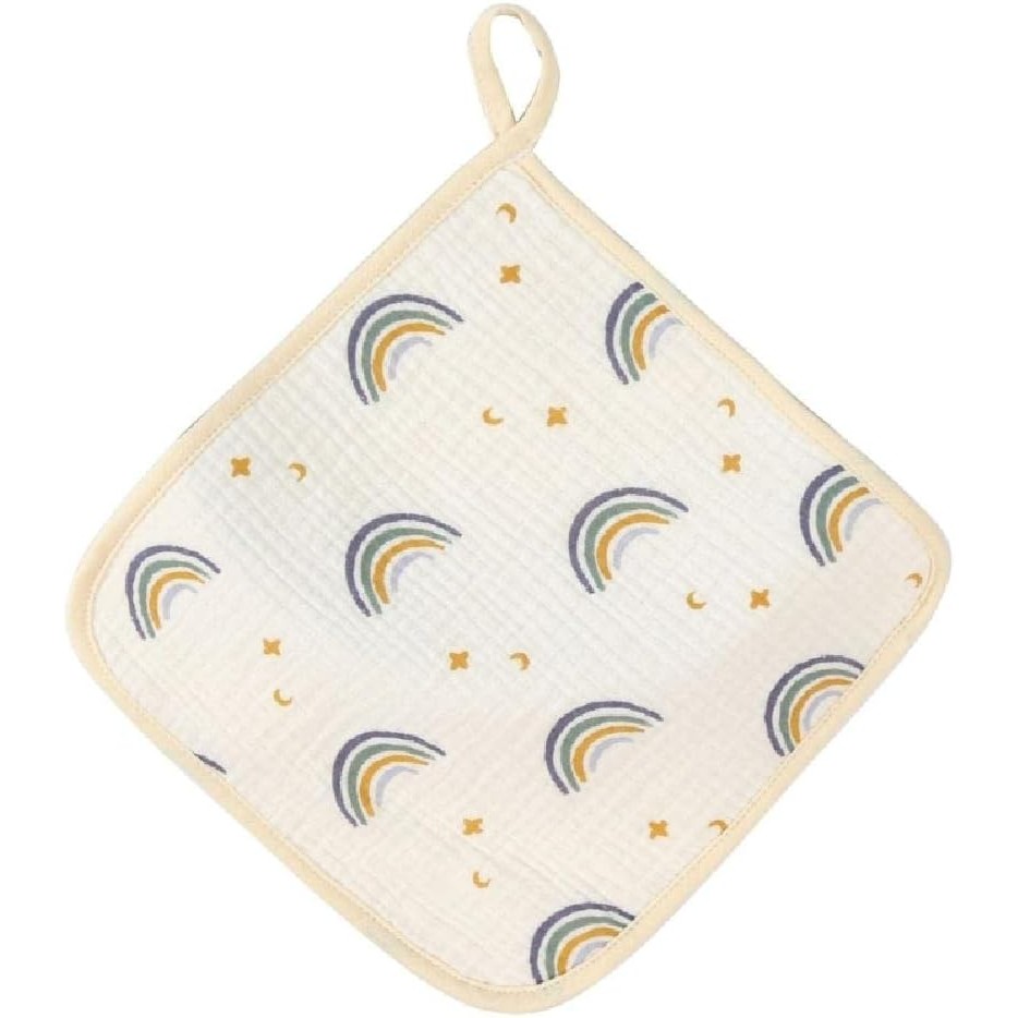 Articole Diverse copii - Prosop Absorbant, din Bumbac, 25 x 25 cm, Model Curcubeu, cu Agatatoare, Bej