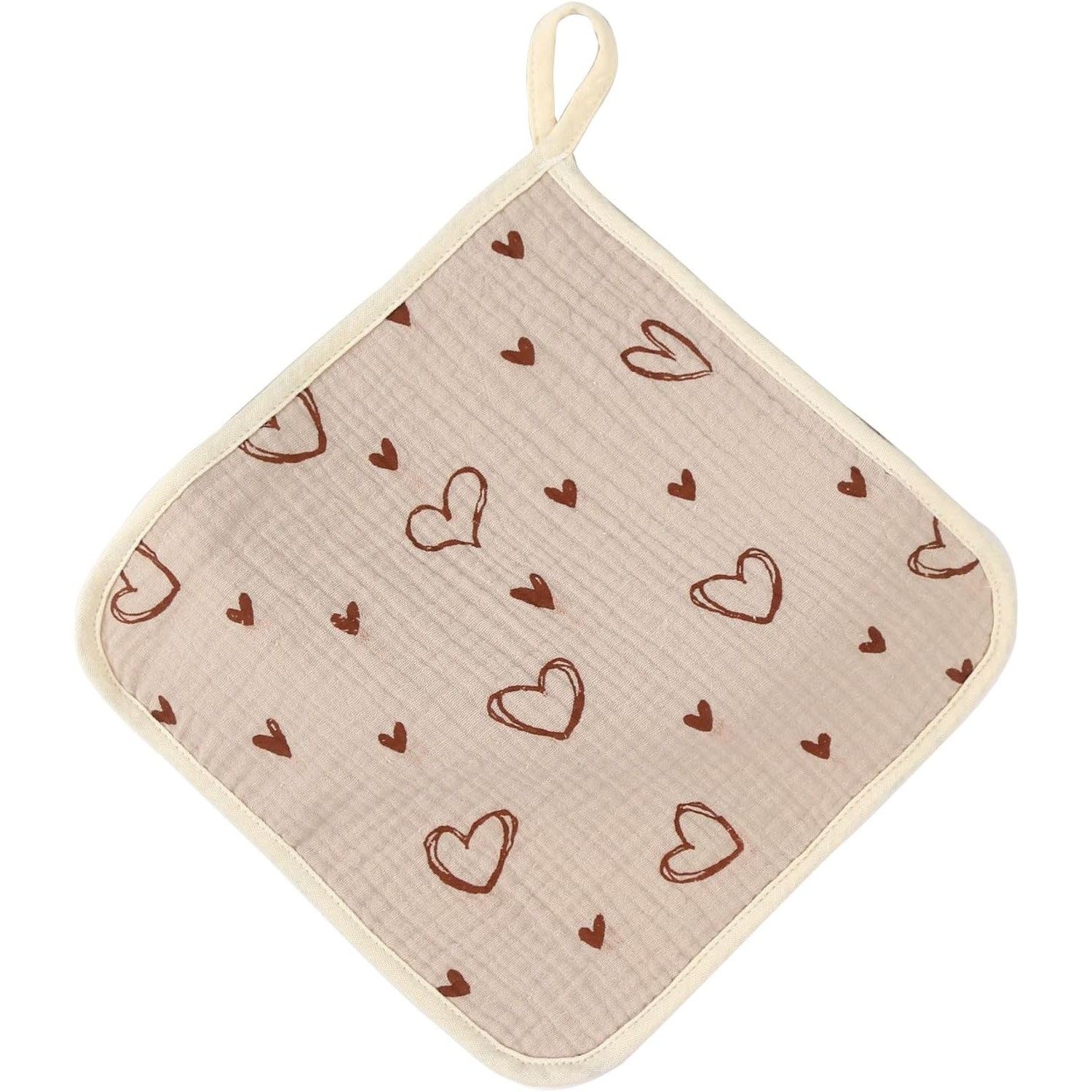 Articole Diverse copii - Prosop Absorbant, din Bumbac, 25 x 25 cm, Model Inimioare, cu Agatatoare, Bej