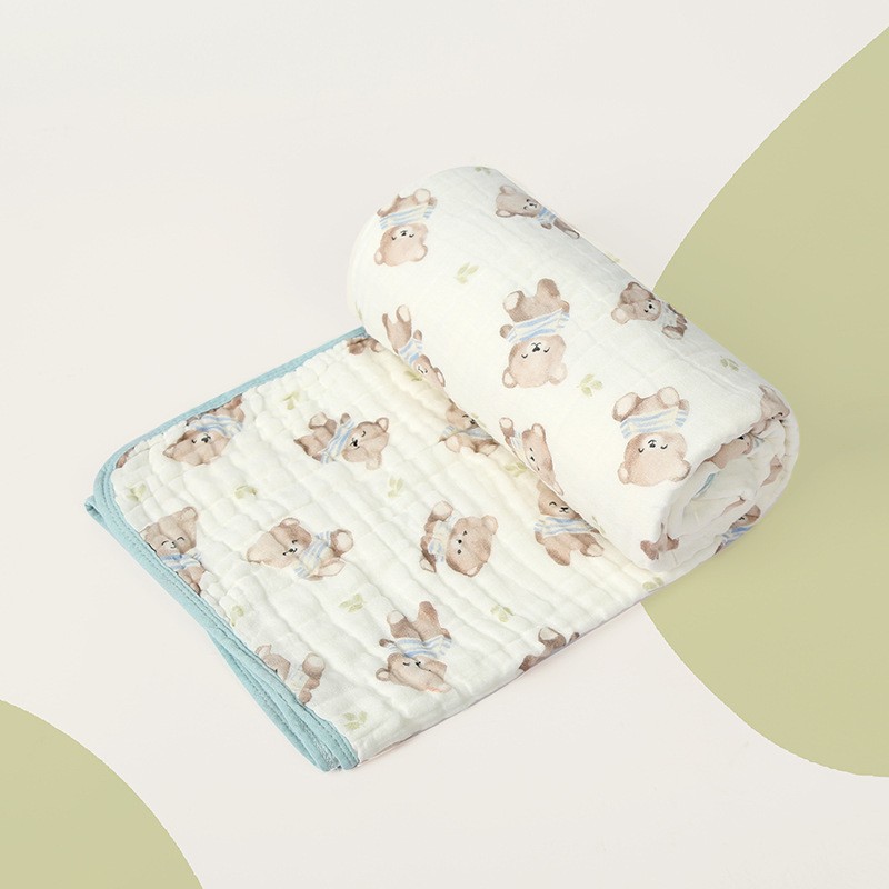 Articole pentru baie - Prosop de baie din bumbac si tifon pentru Bebelusi, cu Sase Straturi, pentru Copii, 110x110 cm, Model Ursuleti, Bej Albastru