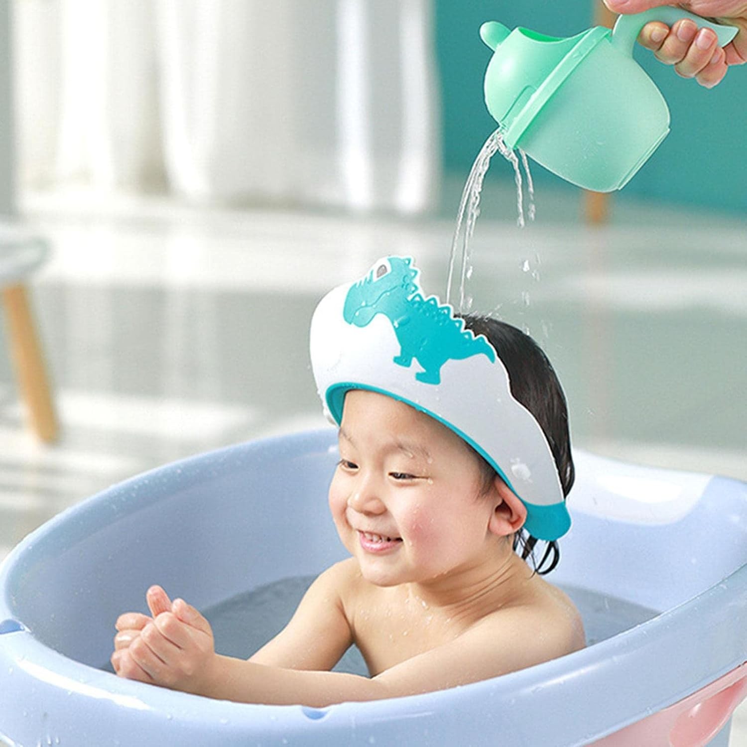 Viziera de Protectie Baie Pentru Copii, Fippy, Model Dinozaur, Dimensiune ajustabila, Durabil, Usor de curatat, Impotriva Samponului, pentru Ochi si Urechi, TPE+PP, 22x21 cm, Albastru [9]