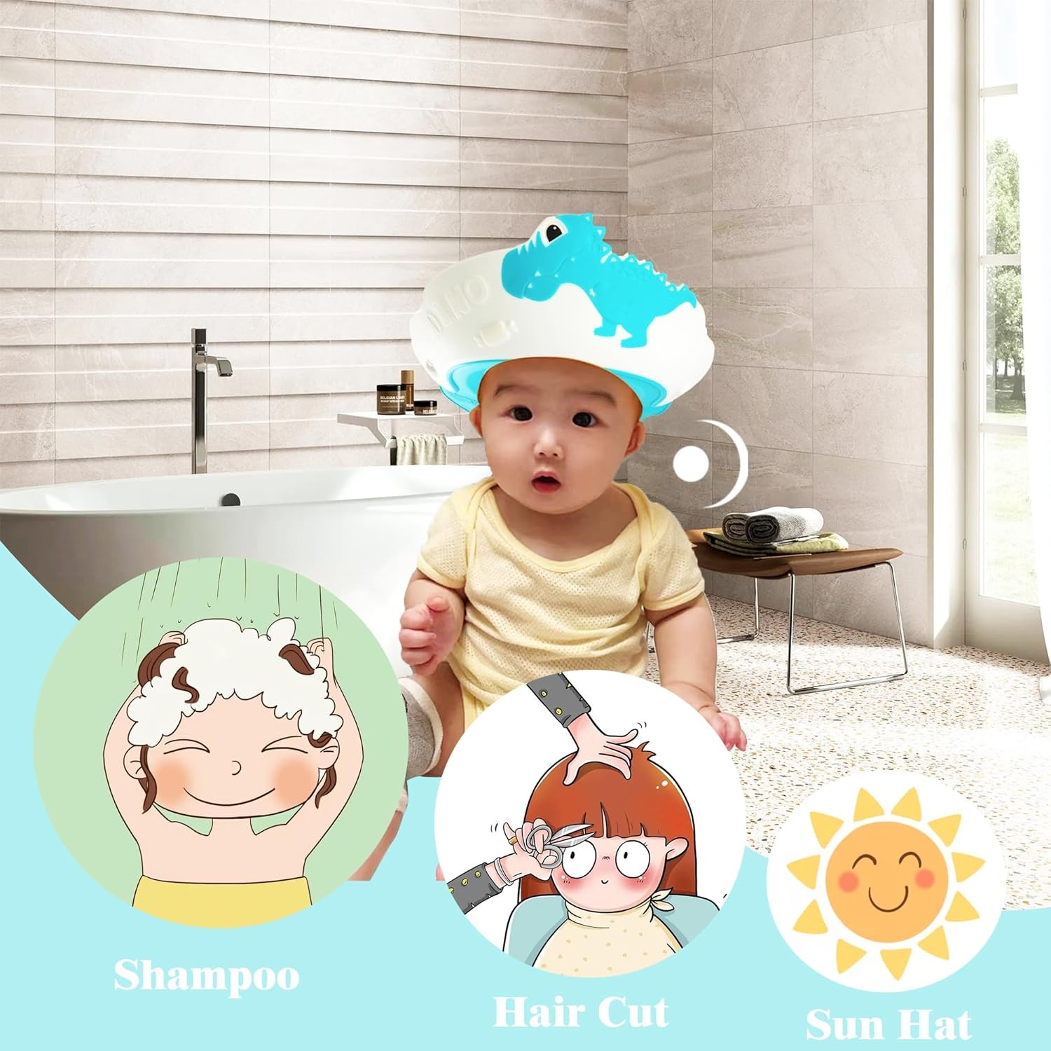 Viziera de Protectie Baie Pentru Copii, Fippy, Model Dinozaur, Dimensiune ajustabila, Durabil, Usor de curatat, Impotriva Samponului, pentru Ochi si Urechi, TPE+PP, 22x21 cm, Albastru [10]