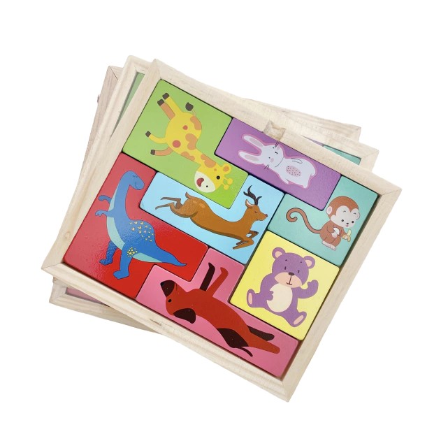 Jucarii educative - Puzzle din Lemn Tip Tetris, +4 Ani, cu Animale Colorate 3D, 7 Piese, Multicolor
