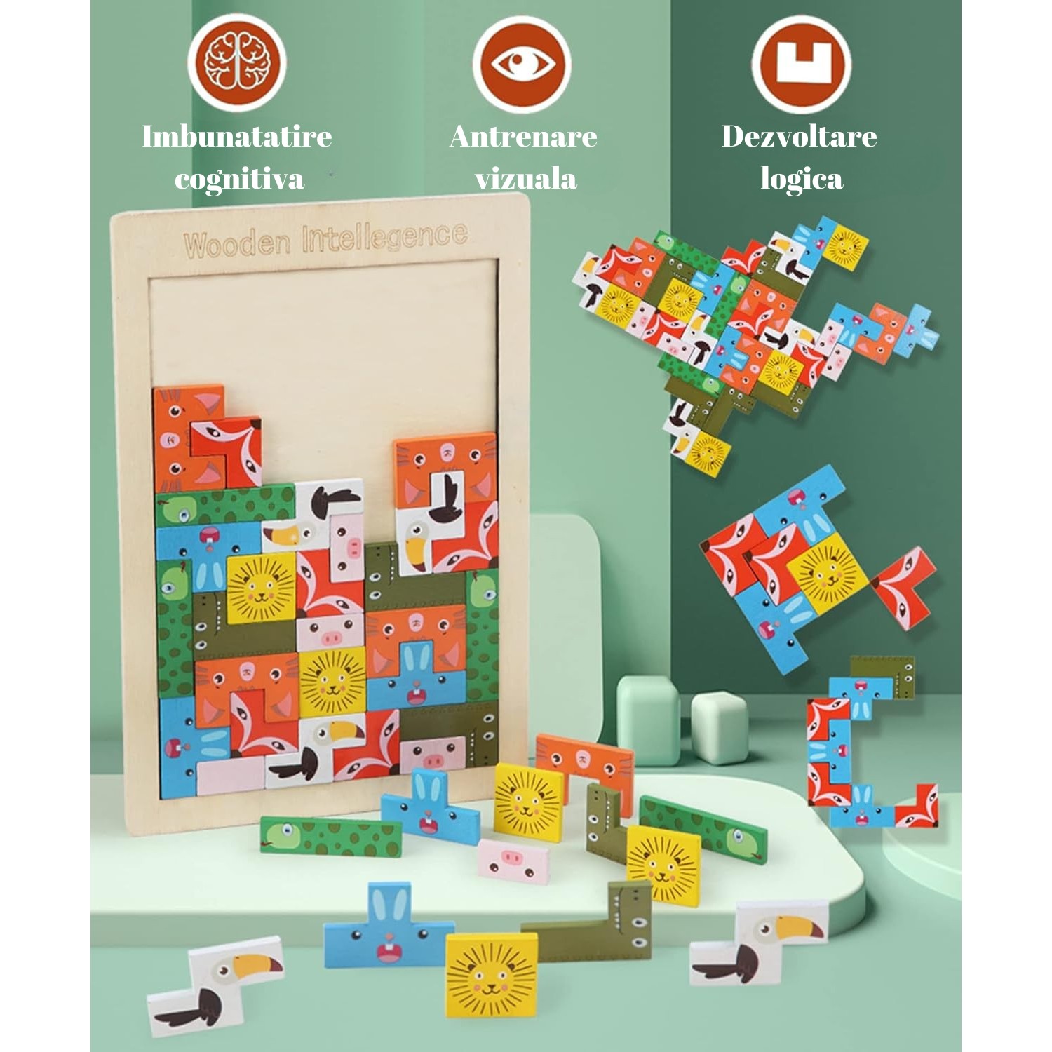 Puzzle din Lemn Tip Tetris, +4 Ani, cu Animale Colorate 3D, 40 Piese, Multicolor [6]