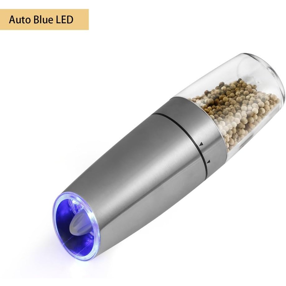 Rasnita Electrica Sare si Piper, cu Camera Depozitare Transparenta, Macinare, Functionare pe Baterii, cu Lumina, ABS, 20x6.5 cm, Argintiu/Transparent [4]