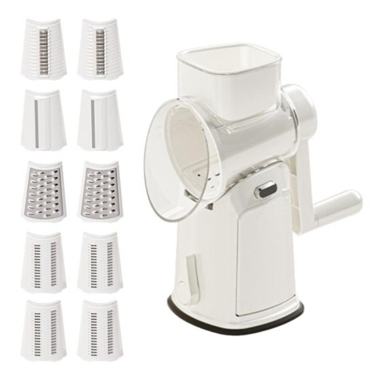 Ustensile pentru Bucătărie - Razatoare Manuala, Rotativa cu Manivela, 10 Lame Interschimbabile, Anti-Stropire, 27 x 13 x 13 cm, Alb