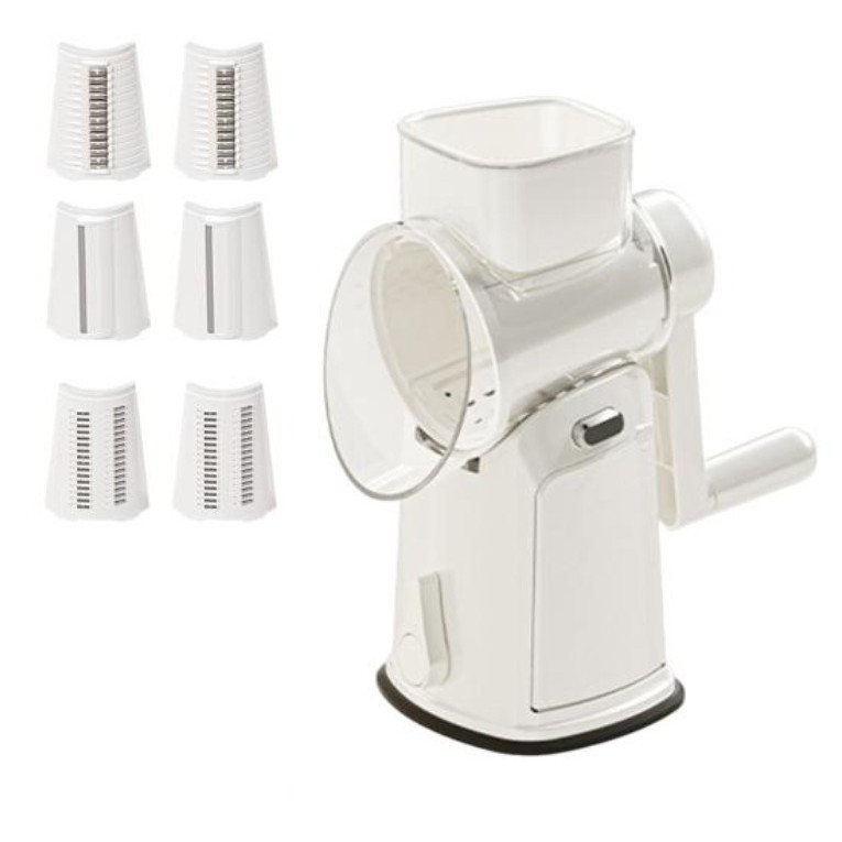 Ustensile pentru Bucătărie - Razatoare Manuala, Rotativa cu Manivela, 6 Lame Interschimbabile, Anti-Stropire, 27 x 13 x 13 cm, Alb