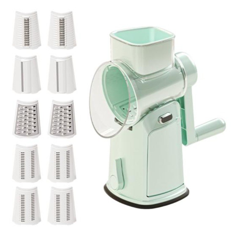 Ustensile pentru Bucătărie - Razatoare Manuala, Rotativa cu Manivela, 10 Lame Interschimbabile, Anti-Stropire, 27 x 13 x 13 cm, Turcoaz