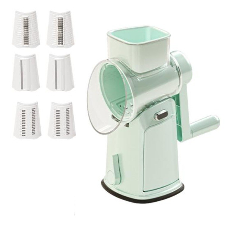 Ustensile pentru Bucătărie - Razatoare Manuala, Rotativa cu Manivela, 6 Lame Interschimbabile, Anti-Stropire, 27 x 13 x 13 cm, Turcoaz